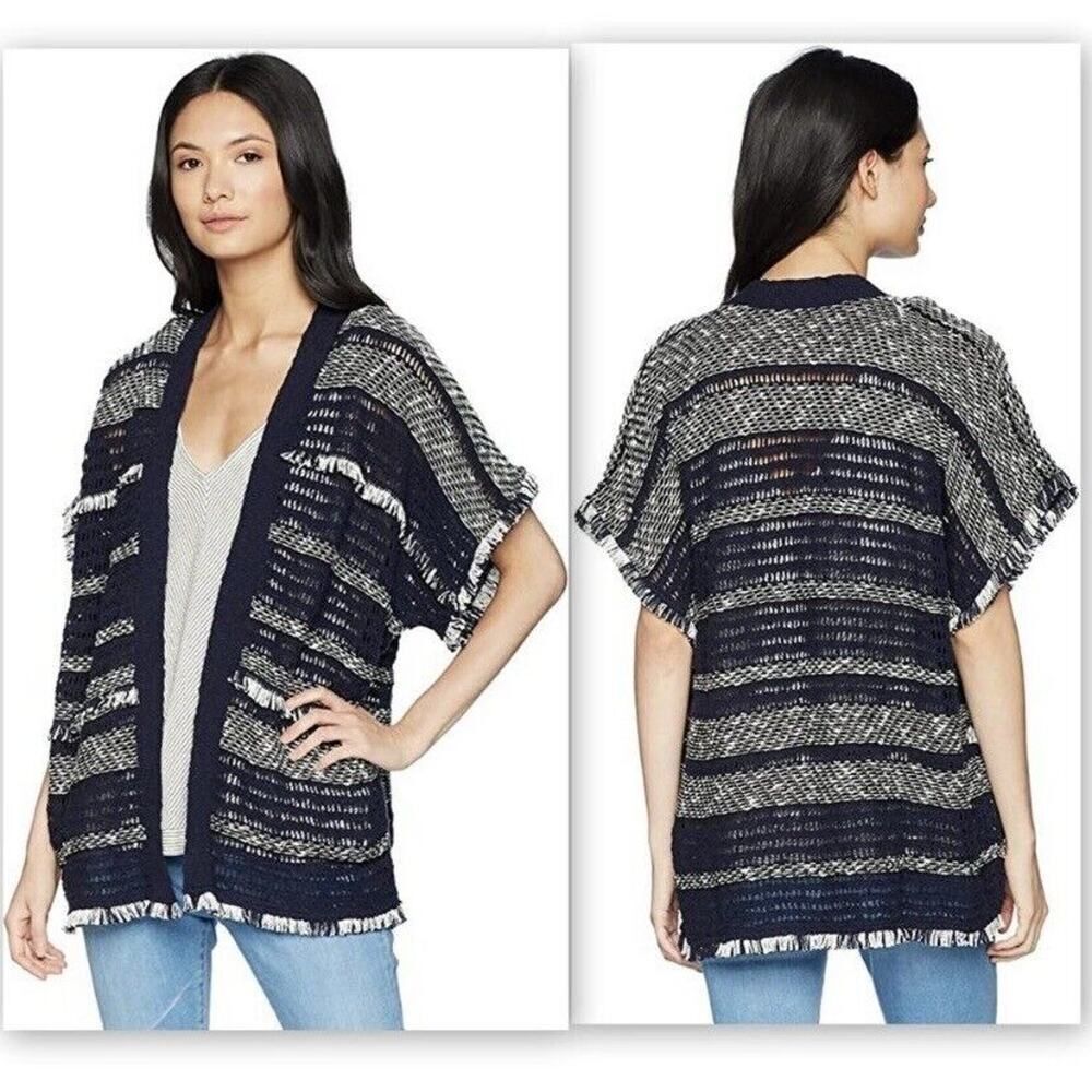 Lucky Brand Fringed Open Front Short Sleeve Cardigan Sweater Navy/White M/L